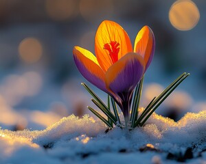 Vibrant Purple and Orange Crocus Flowers Blooming in Sunlight with a Blurred Nature Background
