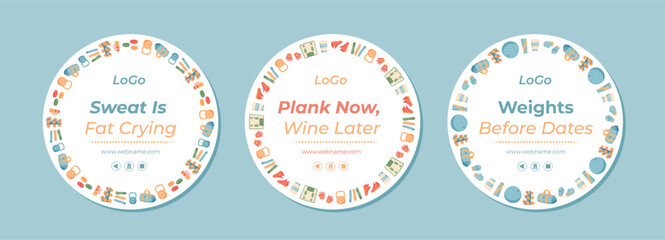 Obraz premium Set of colorful flat circle frames with fitness and gym equipment. Vibrant banner design for workout and healthy lifestyle. Ideal for exercise, training, sport backgrounds.