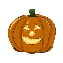Cartoon illustration of a carved Halloween pumpkin with a smiling face and glowing eyes on a white background. Smiling Jack-o'-Lantern Cartoon Illustration. Happy Halloween Jack-o'-Lantern Drawing