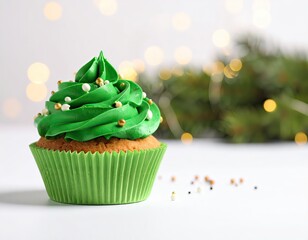 Christmas cupcake with green frosting on white surface
