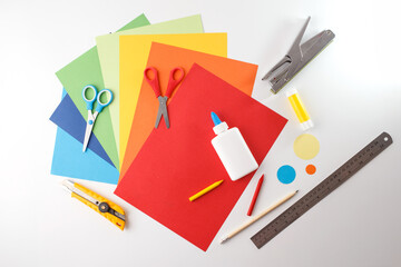 Organized colorful paper set with school tools for online stores, educational ads, graphic design mockups, stationery catalogs, kids tutorials, and learning content visuals,