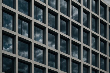 Geometric glass facade pattern on contemporary office building with cloudy sky reflection