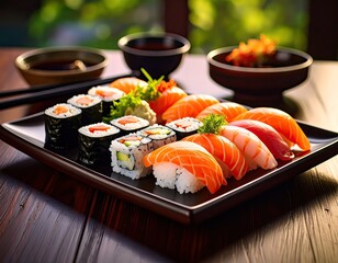 Elegant Sushi Plate with Nigiri and Maki Rolls