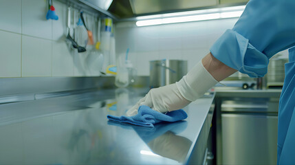 Fototapeta premium A professional cleaner working and wiping the stainless steel kitchen surface with a blue cloth, for a hygienic environment