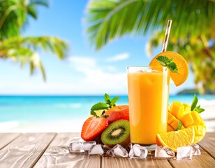 Tropical Fruit Juice Refreshment on Exotic Beach