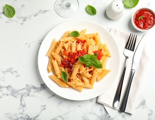 Plate of Penne Pasta with Marinara Sauce and Basil Leaves