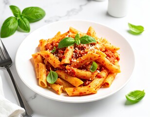 Penne pasta with tomato sauce and basil leaves