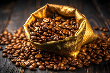 Golden Sack of Roasted Coffee Beans on Rustic Dark Wooden Surface"