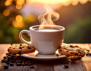 Coffee Cup with Cookies and Steam on Wooden Table