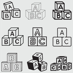 A collection of nine black and white icons featuring stacked ABC alphabet blocks. The set includes various styles