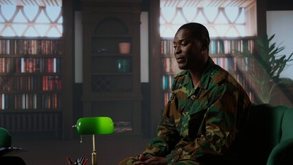 Military personnel in therapy confronting war related anxiety and psychological issues, infantry...