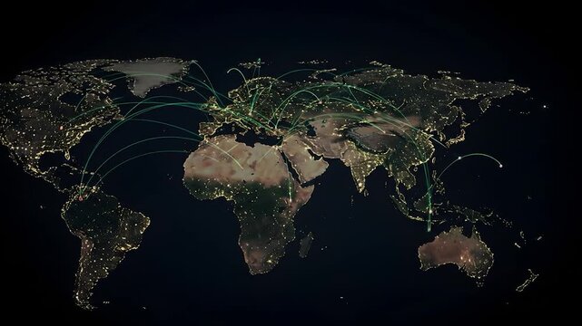 Global connections radiating across earth at night, showing trade routes