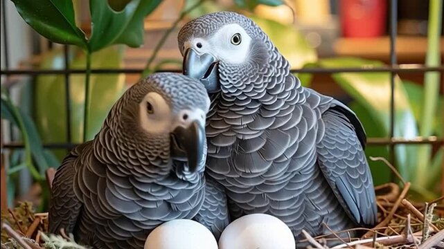 African Greys Sitting on White Parrot Eggs in Twig Nest in Aviary | Congo Timneh | 9 seconds 4K | Realistic AI Nesting Behavior Video of Brooding African Gray
