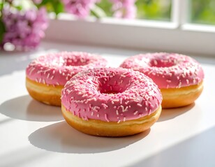 Pink Donut with Sprinkles on a White Table