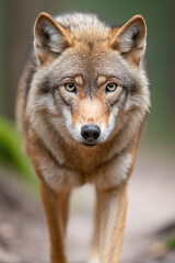 Fototapeta premium Wolf in the wild forest with powerful eyes and majestic fur, a true predator of nature