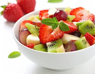 Refreshing Fruit Salad in White Bowl with Mint Garnish