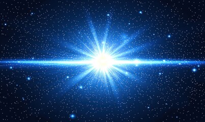 Obraz premium A vibrant, luminous starburst dominates a dark blue, star-speckled background, radiating light and energy across the image