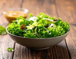 Fresh Green Salad Served on Wooden Table with Dressing