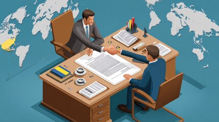 International business negotiation scene with digital contract floating in focus, blurred background