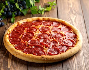 Appetizing Pepperoni Pizza on Wooden Table with Grapes