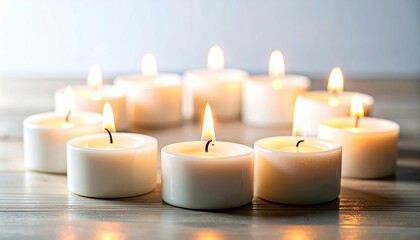 A cluster of white tea light candles, their flames softly glowing, illuminate a wooden surface, creating a warm and peaceful ambiance.