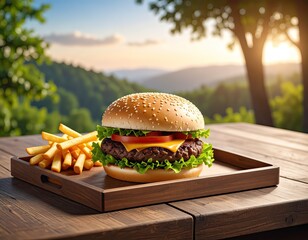 Gourmet Hamburger with Fries Outdoor Picnic
