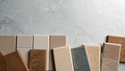 A flat lay displays various natural clay tiles in earthy tones like terracotta, grey, and beige, arranged horizontally on a light marble background.