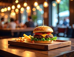 Classic Burger and Fries Meal at Restaurant
