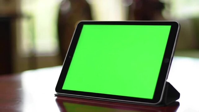 A tablet device standing upright on a table, the screen glowing with green screen