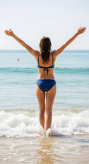 A woman in a classic bikini, standing with arms outstretched, facing the ocean as a gentle wave breaks around her ankles. Her pose is open and joyful, embracing the freedom of the beach. The focus is 