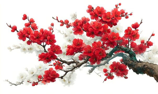 Cherry blossom branch in traditional Japanese painting style on a white background