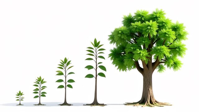 Stages of tree growth from seedling to mature tree on a white background showing progression