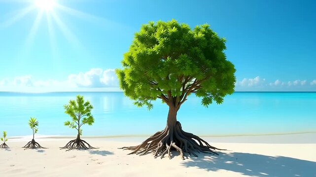 Trees growing on a beach from small sapling to full tree under a clear blue sky near ocean water