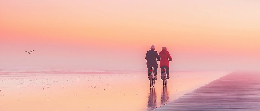 Elderly couple cycling on a wet beach at sunset, with a bird flying in the distance.