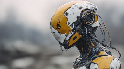 Hyper-realistic futuristic humanoid character with detailed cybernetic features, space for text