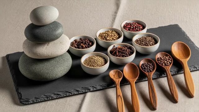 Zen spa balance with stacked grey stones and tiny bowls of colorful spices and wooden spoons footage.