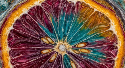 Vibrant, dyed citrus slice cross-section, showcasing intricate internal structure and rich color variations.