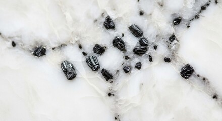 Close-up view of a polished white marble surface with dark mineral inclusions.