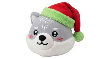Isolated Plush Wolf Head with Christmas Hat