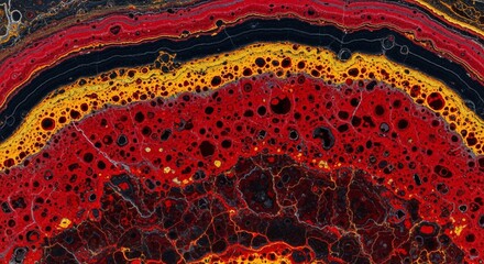 Abstract close-up of layered agate with concentric bands of red, yellow, and black, showcasing intricate patterns and textures.