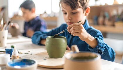 Child painting a clay pot