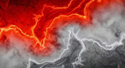 Molten lava flows contrast starkly against a grey, ash-covered landscape.