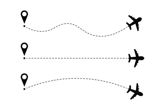 Airplane Flight Path with Location Marker Vector Set