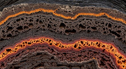 Close-up of a layered rock formation with distinct bands of orange and dark gray, showcasing geological stratification and texture.