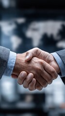 International business negotiation scene with digital contract floating in focus, blurred background