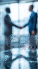 International business negotiation scene with digital contract floating in focus, blurred background