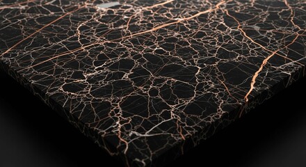 Intricate black marble slab with copper veining, detailed texture.