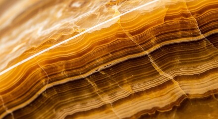 Close-up view of a polished, layered stone surface with warm, earthy tones and intricate patterns.