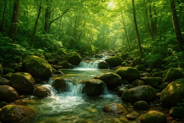 Fototapeta premium Pristine mountain stream flowing through moss-covered rocks in enchanted spring forest