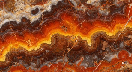 Close-up of a banded onyx stone slab showcasing layers of brown, orange, yellow, and white hues with intricate patterns and veining.